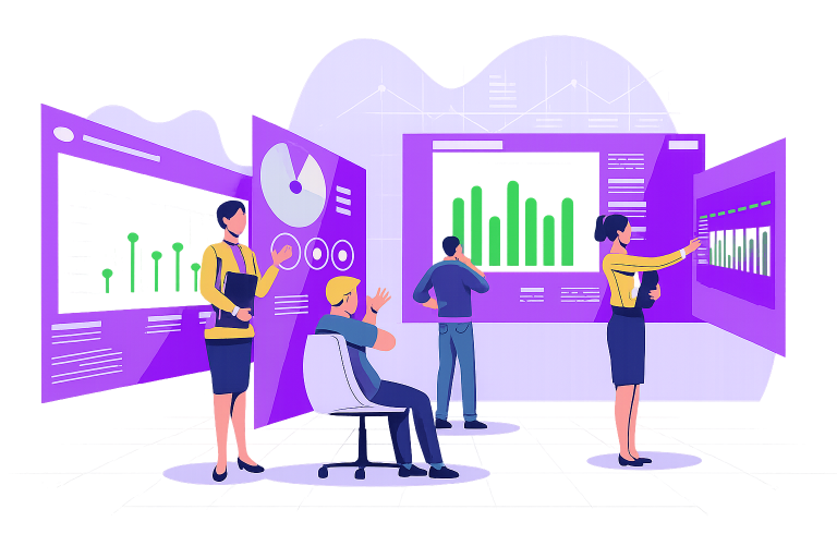An AI generated image displaying a team of people analysing stats in recruitment automation with the the help of a virtual AI recruiter dashboards
